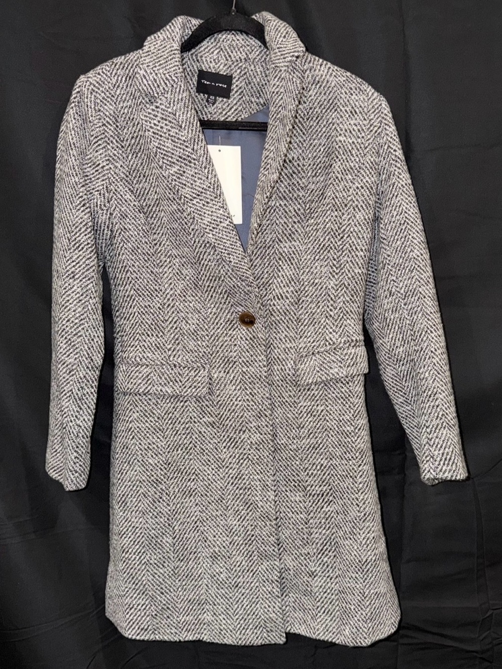 Tahari Gray Herringbone Wool-Blend Long Coat